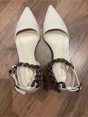 Paula Torres Pointed D'Orsay Flats with Black Chain Ankle Strap